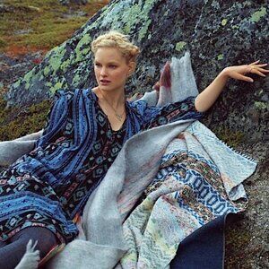 ANTHROPOLOGIE Holding Horses Winter Moon Blue Aztec Print Tunic Peasant Dress